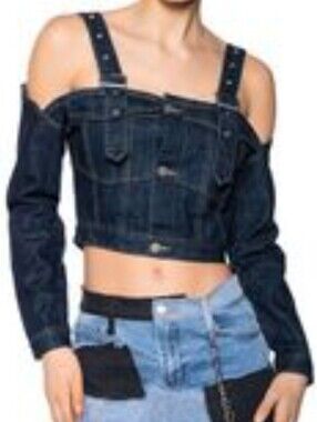 AKIRA Dark Indigo Off-Shoulder Crop Denim Top